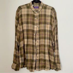 Ralph Lauren Purple Label Italy 100% Linen Plaid Brown Button Down Shirt 17 XL